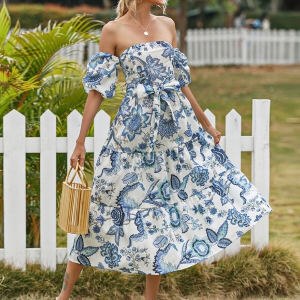 Boho floral belted ruffle hem off shoulder Dress - Picture 3 of 5